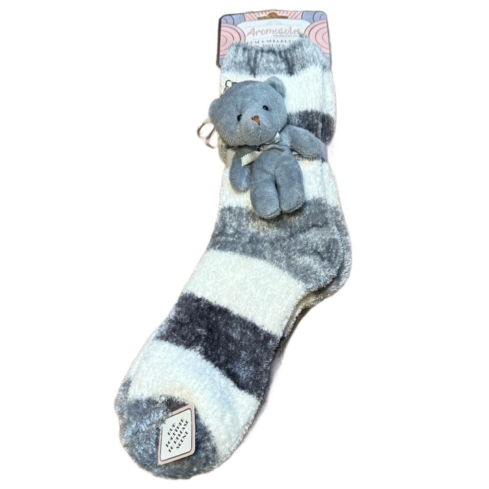 Aromasoles shea butter infused grey white striped fuzzy slipper socks keychain